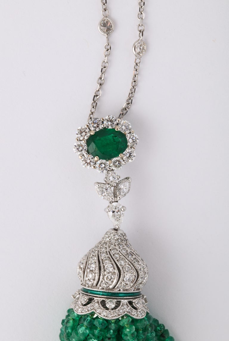 Luxurious 118 Carat Emerald and Diamond White Gold Tassel Necklace