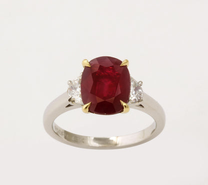 Exquisite 2.97 Carat Burma Ruby and Diamond Three Stone Ring
