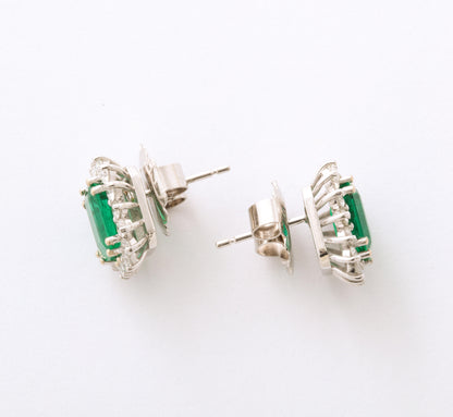 Exquisite 7.62 Carat Intense Green Emerald Diamond Platinum Stud Earrings