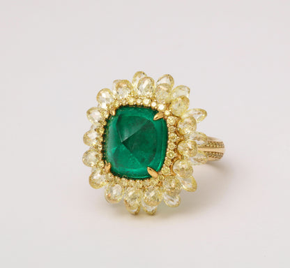 5.59ct Sugarloaf Colombian Emerald and Yellow Diamond Gold Ring