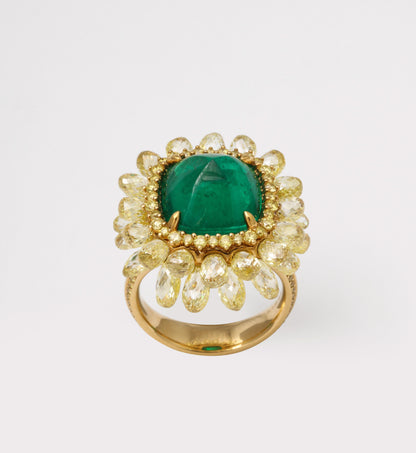 5.59ct Sugarloaf Colombian Emerald and Yellow Diamond Gold Ring