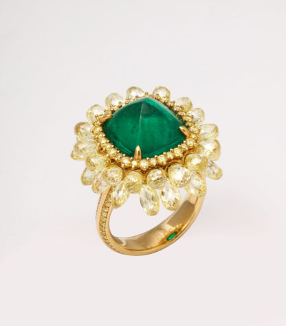 5.59ct Sugarloaf Colombian Emerald and Yellow Diamond Gold Ring