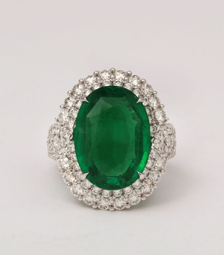 9.53 Carat Vivid Green Oval Emerald and Diamond Cocktail Ring