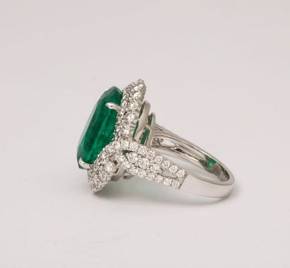 9.53 Carat Vivid Green Oval Emerald and Diamond Cocktail Ring