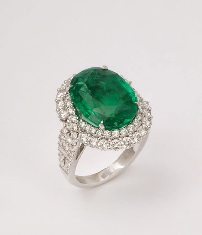 9.53 Carat Vivid Green Oval Emerald and Diamond Cocktail Ring