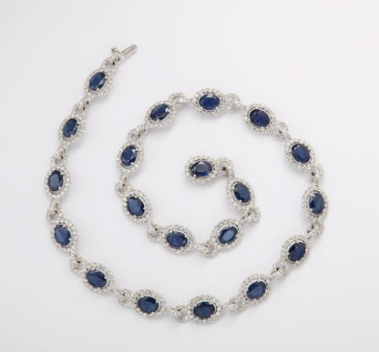 Exquisite 18k White Gold Blue Sapphire and Diamond Link Necklace