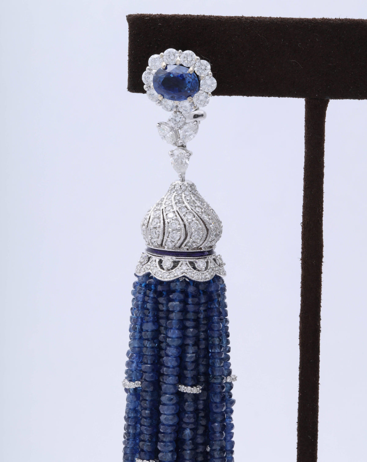 Elegant 300 Carat Blue Sapphire Diamond 18k White Gold Tassel Earrings
