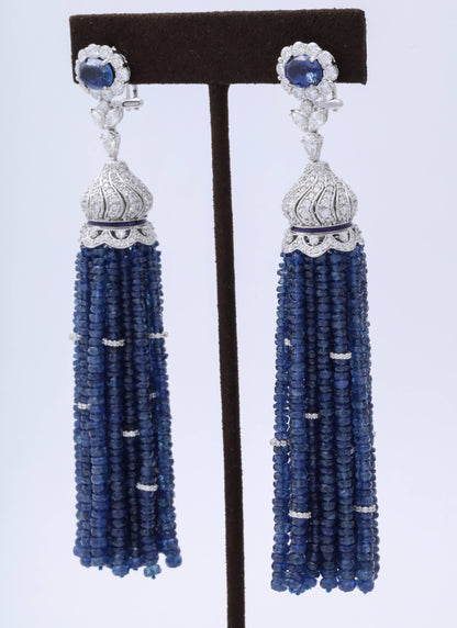 Elegant 300 Carat Blue Sapphire Diamond 18k White Gold Tassel Earrings