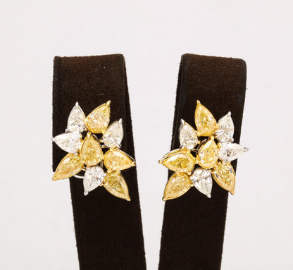 Fancy Yellow and White Diamond Pear Cluster 18k Gold Earrings