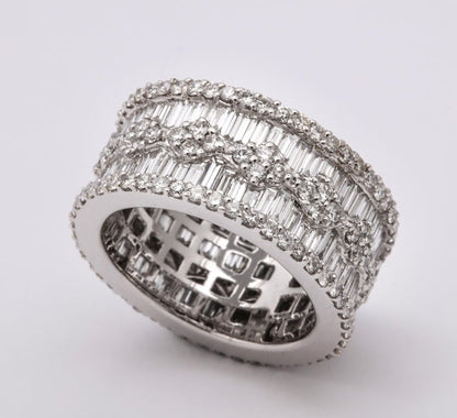 Wide Baguette and Round Diamond 18k White Gold Statement Band