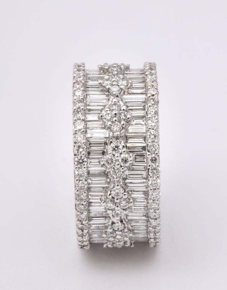 Wide Baguette and Round Diamond 18k White Gold Statement Band