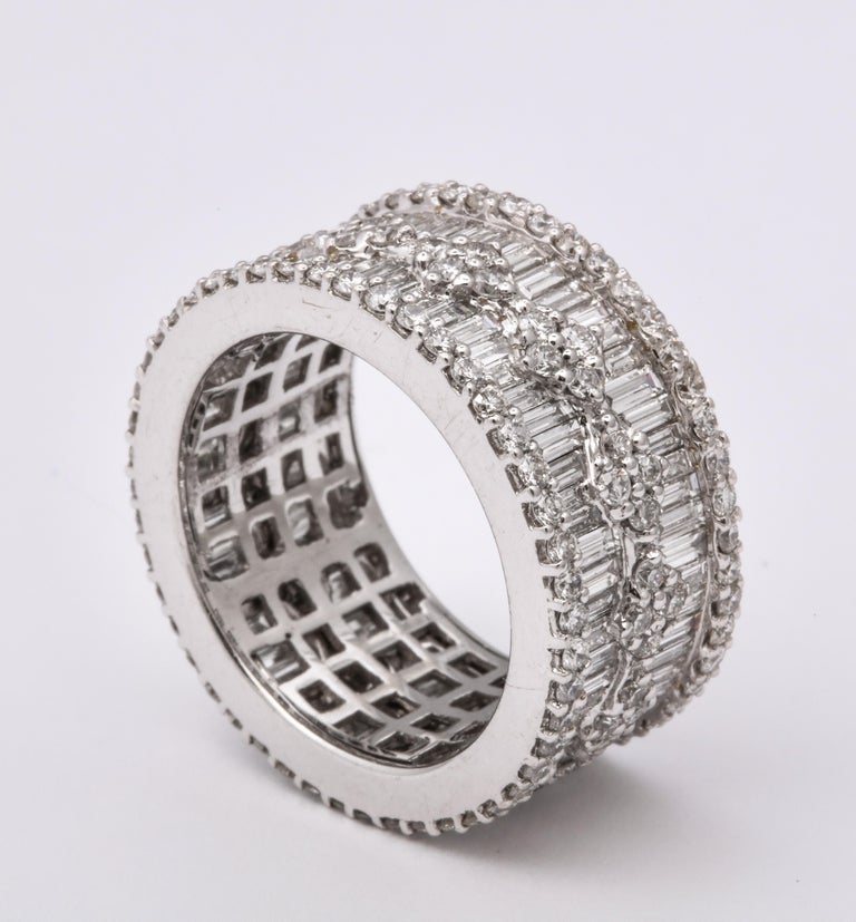 Wide Baguette and Round Diamond 18k White Gold Statement Band