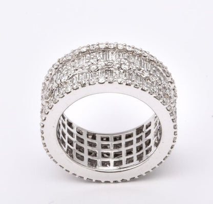 Wide Baguette and Round Diamond 18k White Gold Statement Band