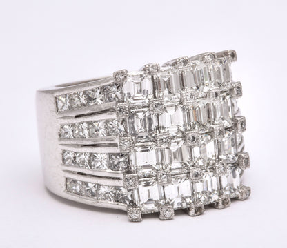 Wide Platinum Ring with Emerald and Princess Cut Diamonds