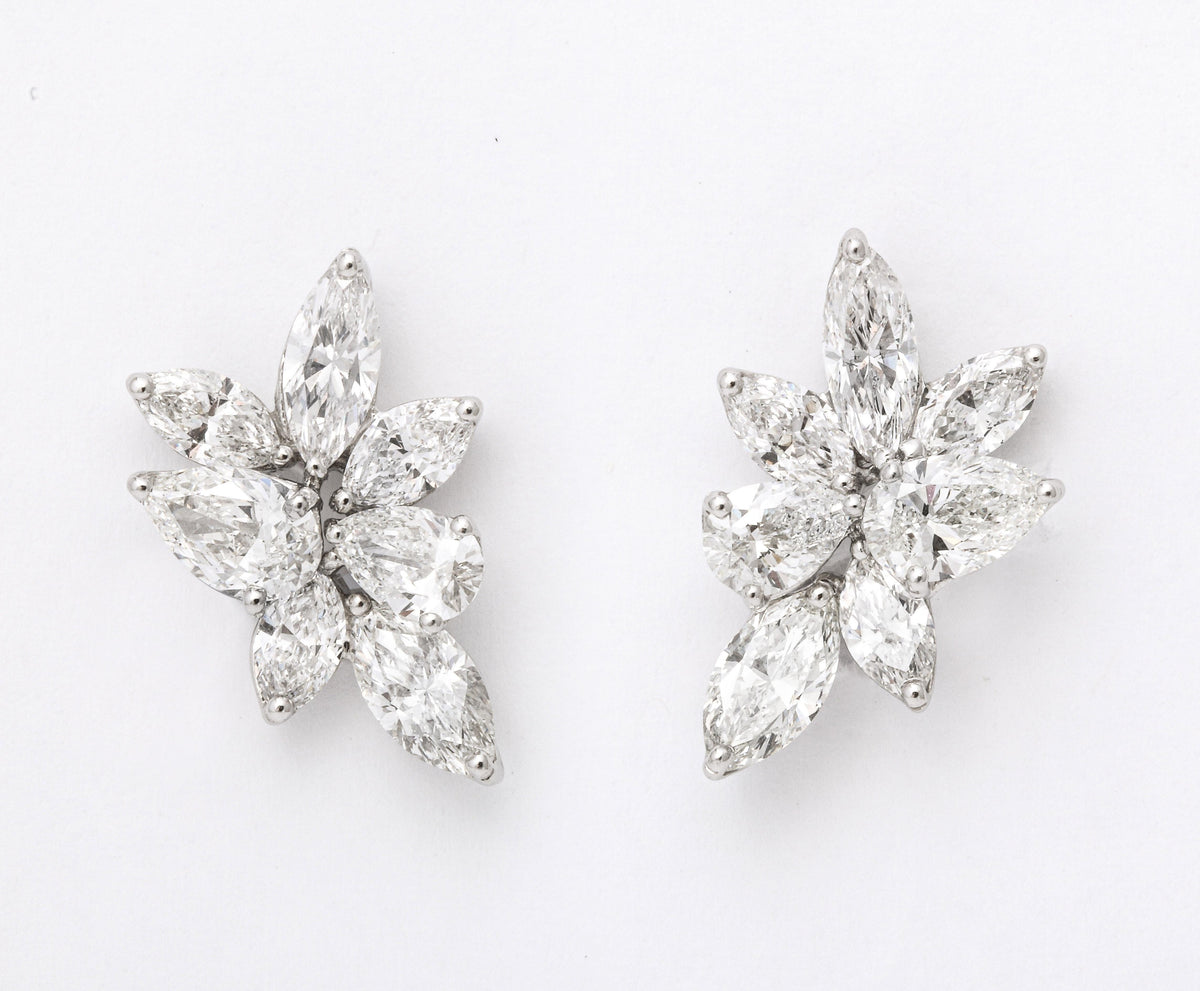 Elegant 7.39 Carat Pear and Marquise Diamond Platinum Cluster Earrings