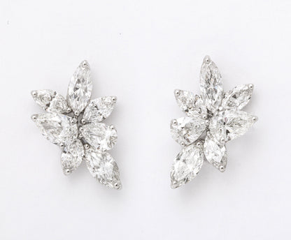 Elegant 7.39 Carat Pear and Marquise Diamond Platinum Cluster Earrings