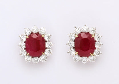 Intense Red Cushion Cut Ruby and Diamond Clip-On Earrings