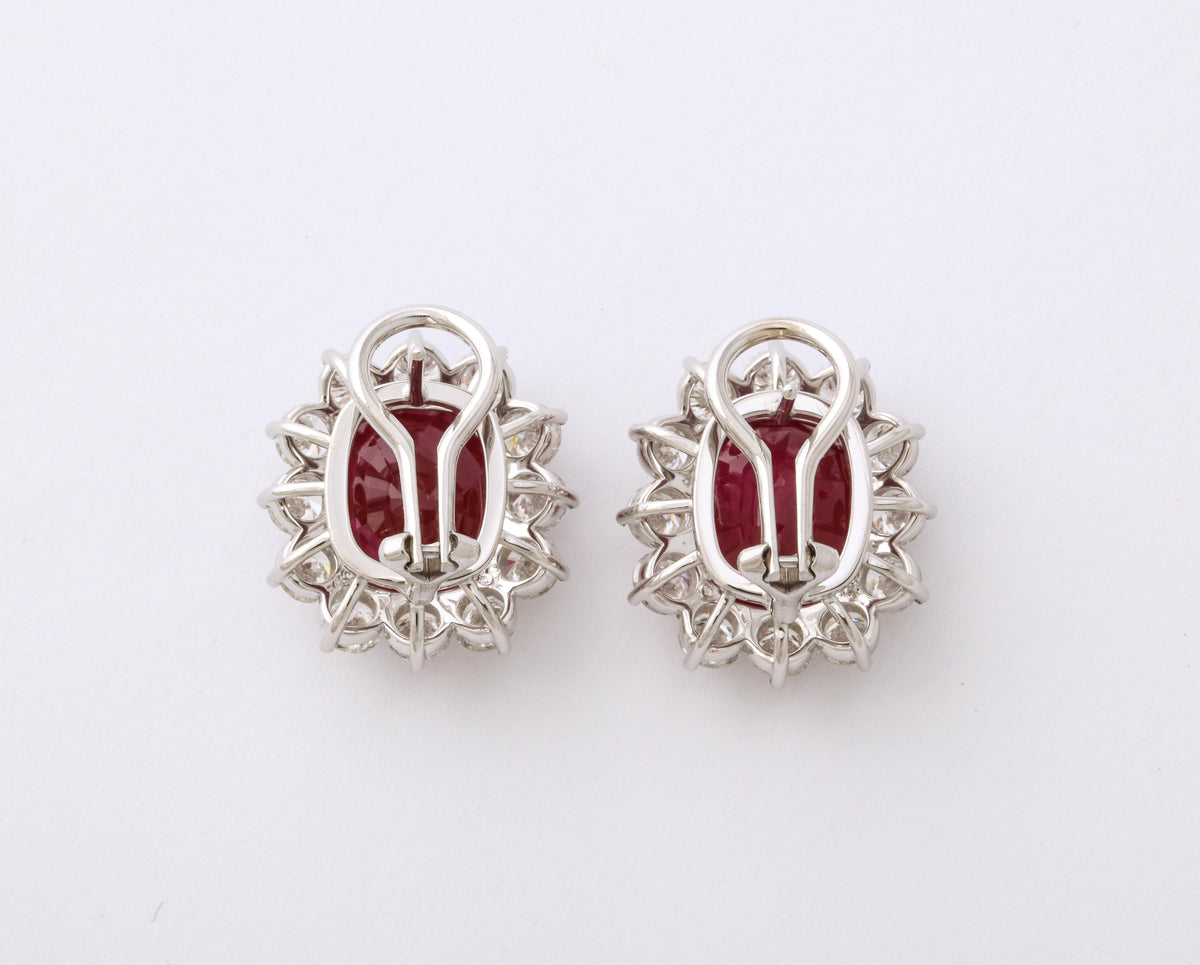Intense Red Cushion Cut Ruby and Diamond Clip-On Earrings