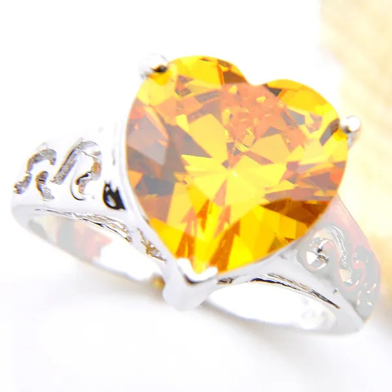 Luckyshine Heart Fire Royal Citrine Gems Silver Rings Earrings Pendants Necklace Jewelry Sets for Valentine's Day Gift