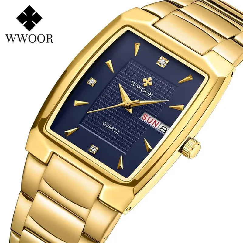 2021 Men's Watch WWOOR Top Brand Luxury Gold Blue Black Watch Men's Square Business Sports Quartz Waterproof Stainless Steel Watch Relogio Masculino