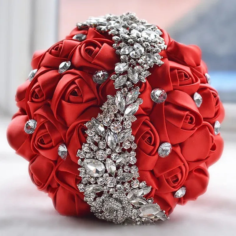 18CM Silk Rose Ribbon Wedding Bouquet Shiny Diamond Brooch Bridal Bouquet Creative Handmade DIY Bridesmaids Holding Flowers Wedding Party Simulation Flower