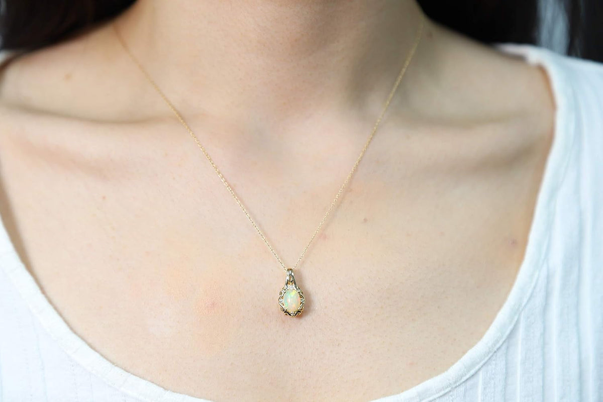 10K Yellow Gold Natural Opal Natural Diamond (I1,I2) Pendant Necklace with Gold Chain for Women Jewelry Gifts