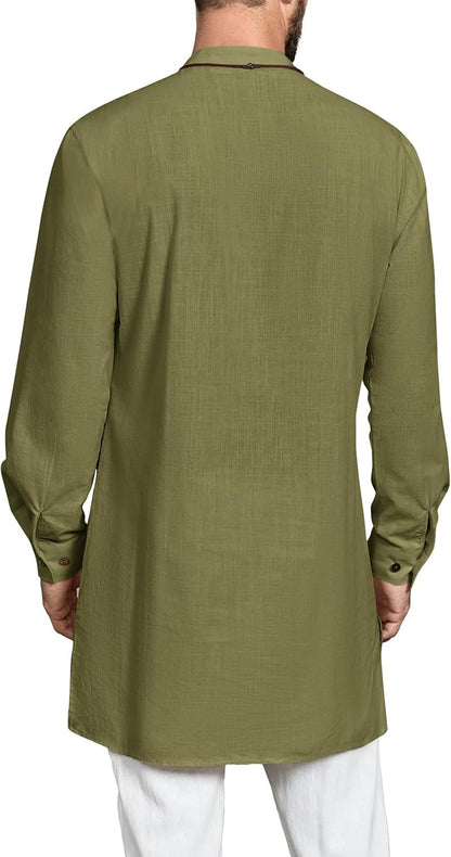 Mens Kaftan Thobe Long Sleeve Robe Gown Casual Cotton Linen Button Muslim Shirt