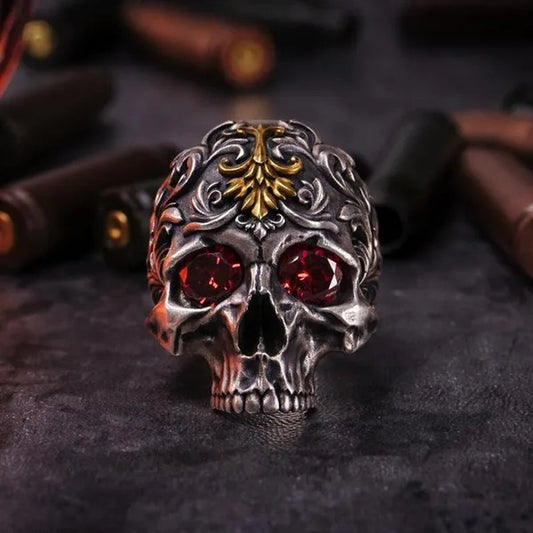 Vintage 316L Stainless Steel Carved Exquisite Pattern Skull Ring Men's Ruby Ring Antique Art Totem Ring Gothic Punk Jewelry Gift