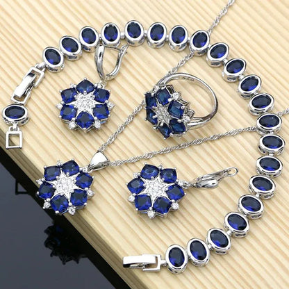 925 Silver Bridal Jewelry Sets Blue Sapphire White Topaz Charm for Women Party Earrings Ring Bracelet Set