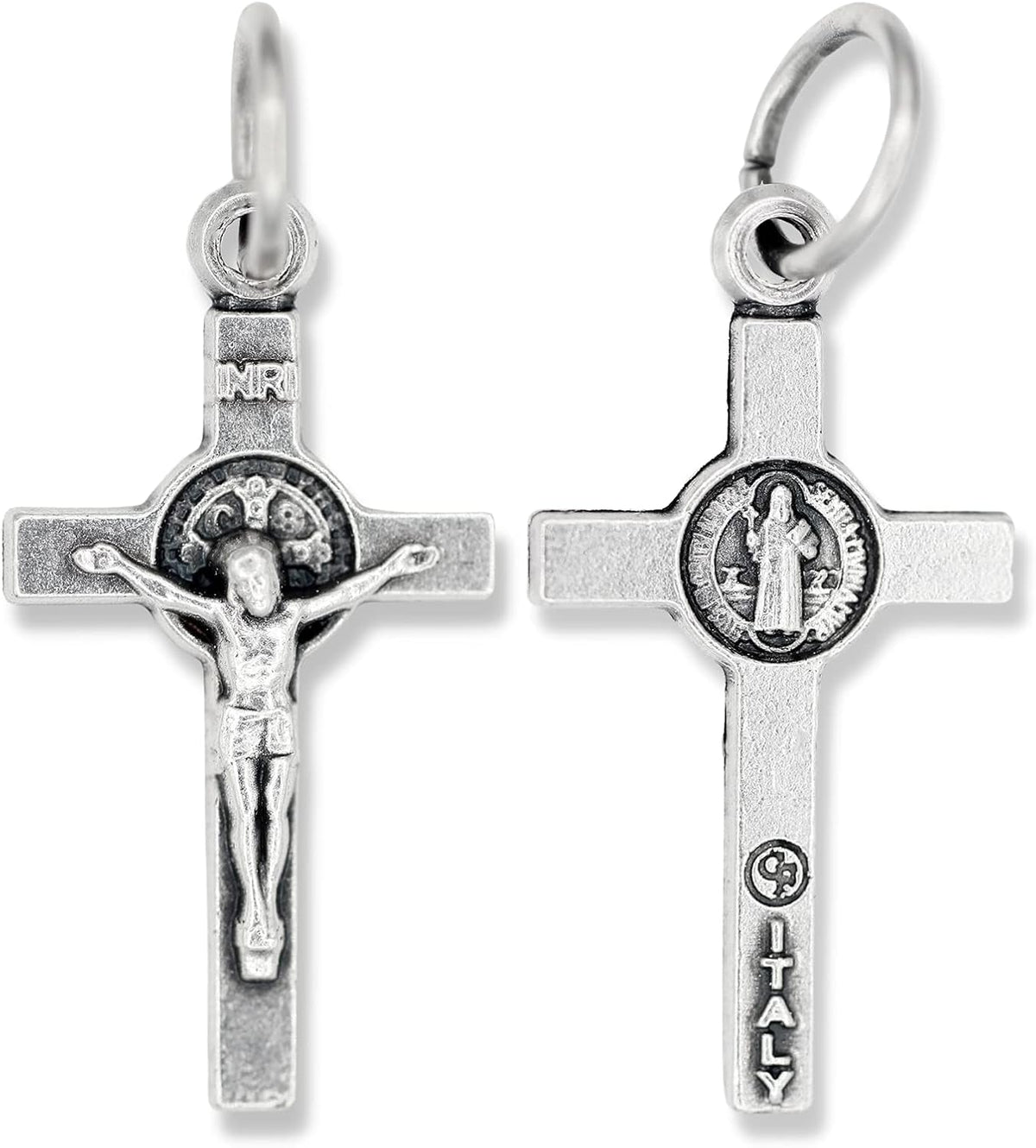Silver Oxidized Italian Crucifix and Mary Mini Miraculous Medal Necklace on 16" Stainless Steel Chain - Jesus Mary Chain Catholic Necklace for Women, Couples Necklace, Unisex Religious Medal Necklace