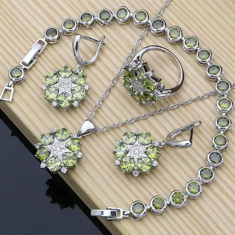925 Sterling Silver Decoration Bridal Jewelry Olive Green Topaz Jewelry Sets for Women Fashion Earrings Turkish Jewelry