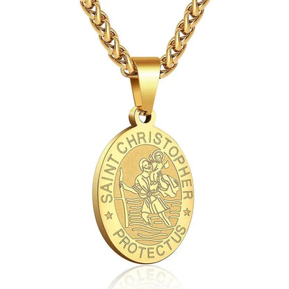 Religious Catholicism Amulet Oval Saint Christopher Necklace for Men Women, 316L Stainless Titanium Steel Catholic Patron Saint of Travellers St Christopher Pendant with Chain 23.6 Inches Black / Silver / Gold
