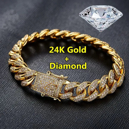 2018 Fashion Mens Womens Chain Hiphop Iced Out Curb Cuban Diamond 18K Gold / 24K Gold / 925 Silver Plated Bracelet Paved Clear Rhinestones
