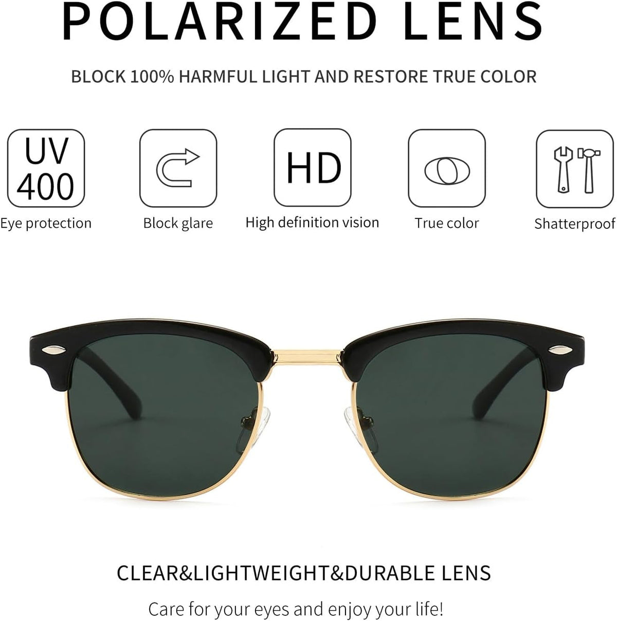 Polarized Sunglasses for Men and Women, Classic Half-Frame Retro Shades for Driving, Travel, and Outdoor Activities