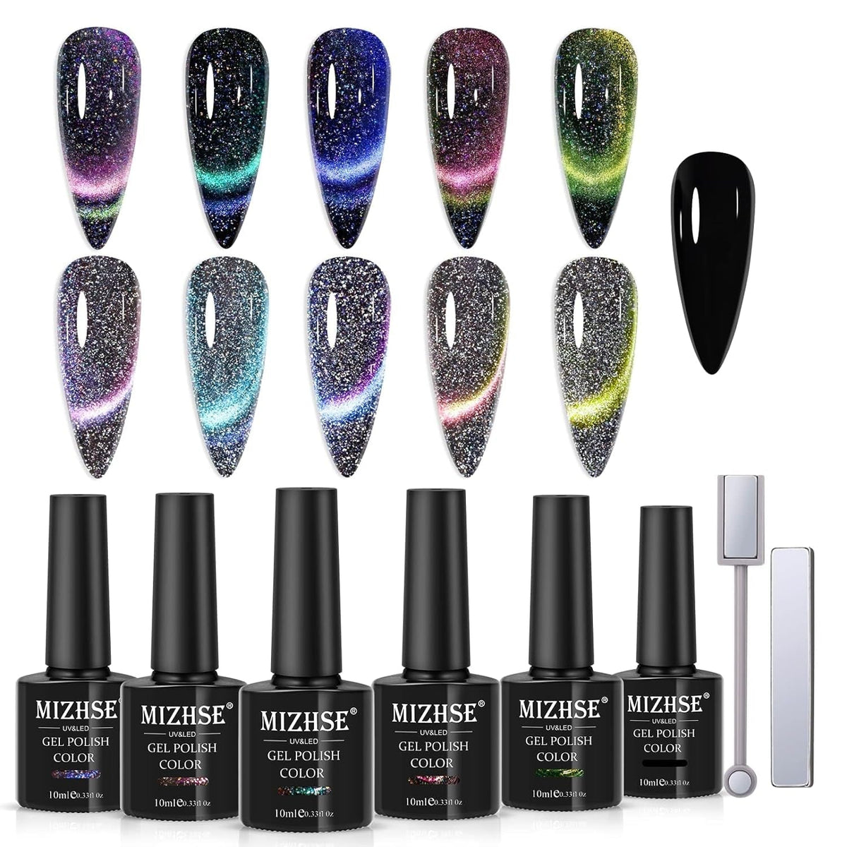 9D Cat Eye Gel Nail Polish, Magnetic Cat Eye Gel Polish Set, 10ml*6 with 2 Magnets, Classic Colors Chameleon Magic Galaxy Effect Soak off Nail Art - Sparkle Stunning Gel Polish Gift for Women