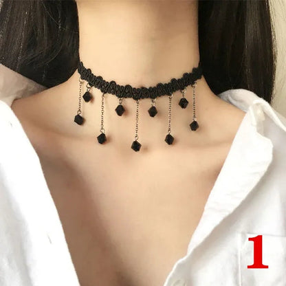 1 PCS Black Lace Necklace Chokers Vintage Style Female Gothic Wedding Red Rose Crystal Diamond Pendant Collarbone Necklace Chain Accessories for Women Girls(10 Style)