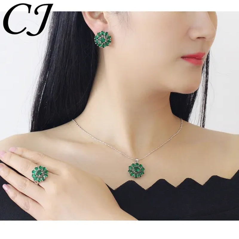 CANDICE Elegant Flower Jewelry Set Paved Green Stones Fashion Sterling Silver Plated Pendant Necklace Earrings Ring Sets