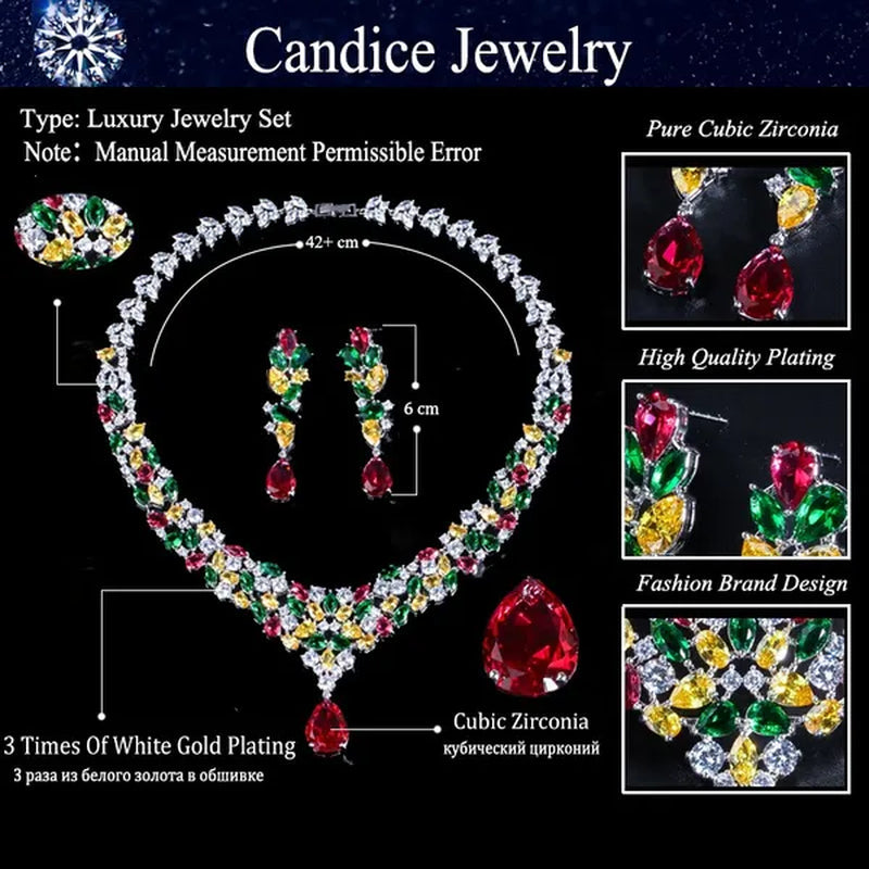 CANDICE Noble Red Crystal Water Drop Pendant Necklace and Dangle Earrings Pave Multi Shape Colorful CZ Stone Women Wedding Party Dress Jewelry Set
