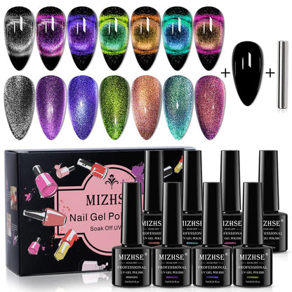 9D Cat Eye Gel Nail Polish, Magnetic Cat Eye Gel Polish Set, 10ml*6 with 2 Magnets, Classic Colors Chameleon Magic Galaxy Effect Soak off Nail Art - Sparkle Stunning Gel Polish Gift for Women