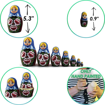 Nesting Babushka Dolls - Handmade Rose Hand-Painted - Matruska Stacking 7 Dolls - Munecas Rusas - Home Decor Decorations