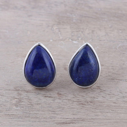 Artisan Handmade Jewelry Teardrop Earrings | Lapis Lazuli Button Earrings | .925 Sterling Silver Teardrop Earrings from India | Crafted by Hand Birthstone Gemstone Earrings 'Mystic Tears'