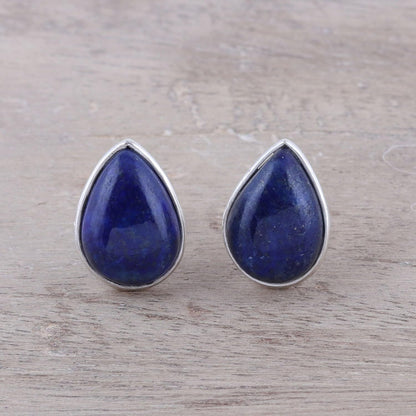 Artisan Handmade Jewelry Teardrop Earrings | Lapis Lazuli Button Earrings | .925 Sterling Silver Teardrop Earrings from India | Crafted by Hand Birthstone Gemstone Earrings 'Mystic Tears'
