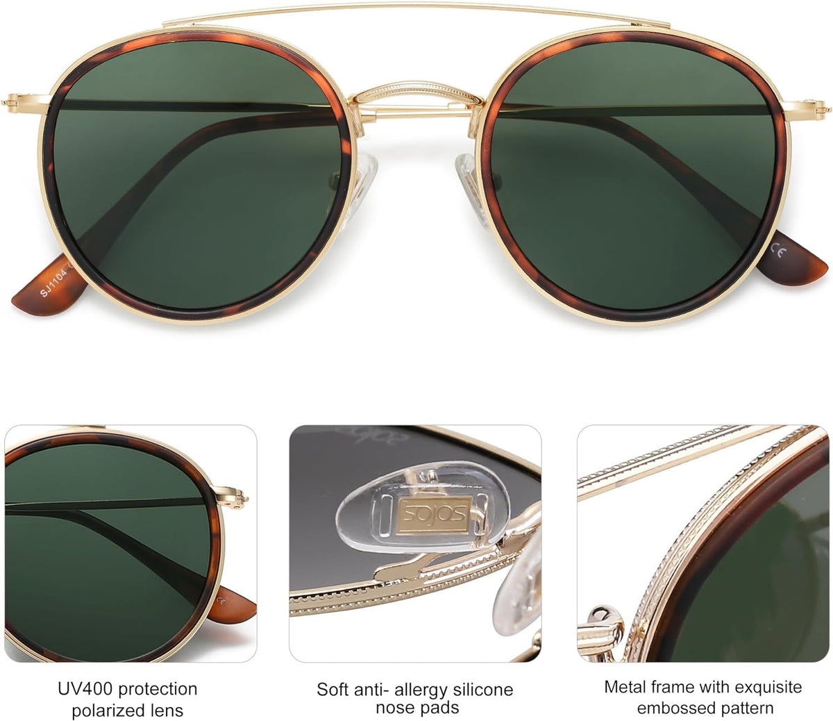 Retro Round Double Bridge Polarized Sunglasses for Women Men Vintage Circle UV400 Sunnies SJ1104