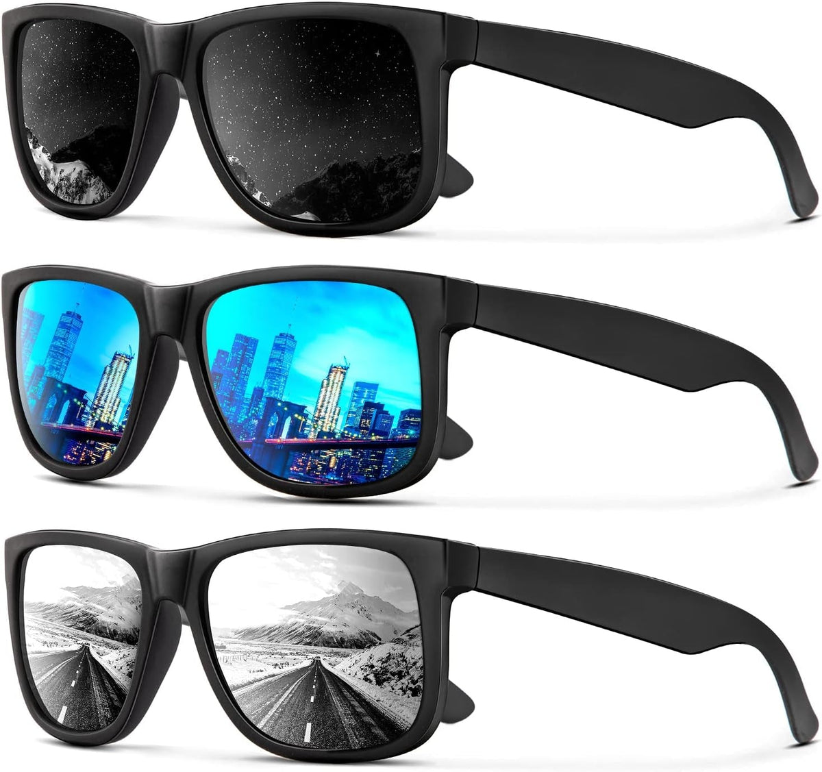 Sunglasses Men Polarized Sun glasses for Mens Womens Classic Matte Black Frame UV Protection 3pack