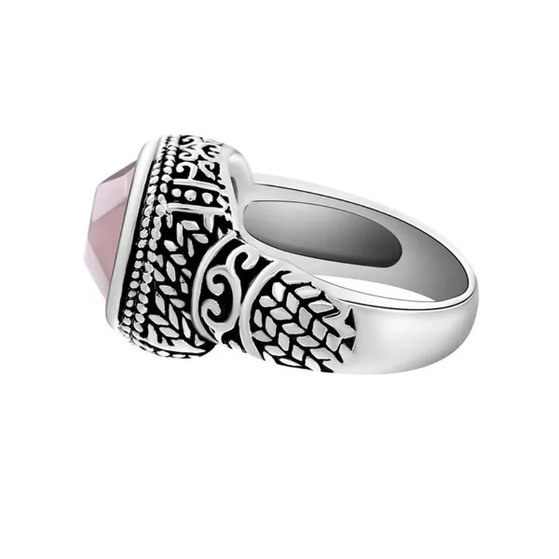 Antique Silver Rose Quartz Gemstone Square Rope Edge Vintage Band Ring Size 5 6 7 8 9 10 11 12