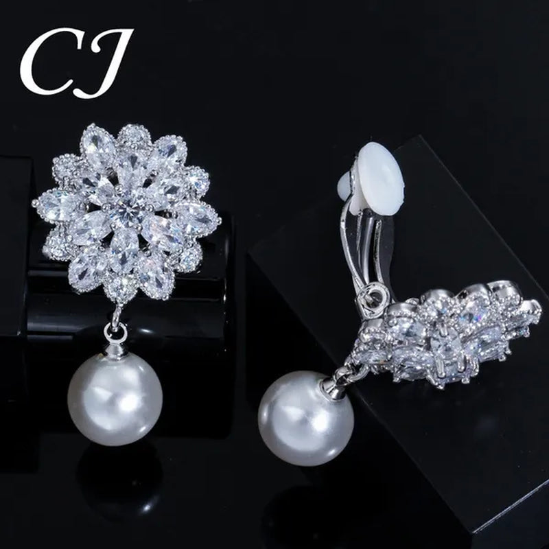 CANDICE White Gold Plated Beautiful CZ Zirconia Stones Snowflake Drop Women Party Clip On Pearl Earrings Without Piercing Jewelry for Non Hole Ears