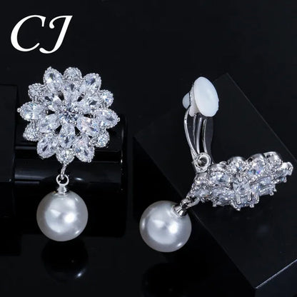 CANDICE White Gold Plated Beautiful CZ Zirconia Stones Snowflake Drop Women Party Clip On Pearl Earrings Without Piercing Jewelry for Non Hole Ears