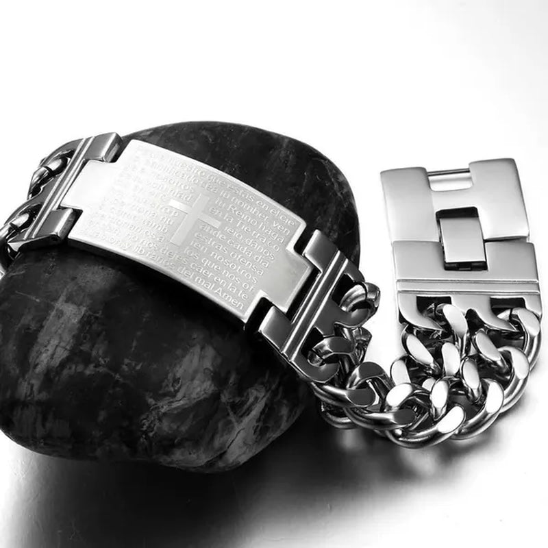 New Arrive Men's Fashion Jewelry Punk Rock Wide Silver 316L Stainless Steel Holy Bible Cross Link Chain Bracelet Bangle , Mens Gift BY EZMAX