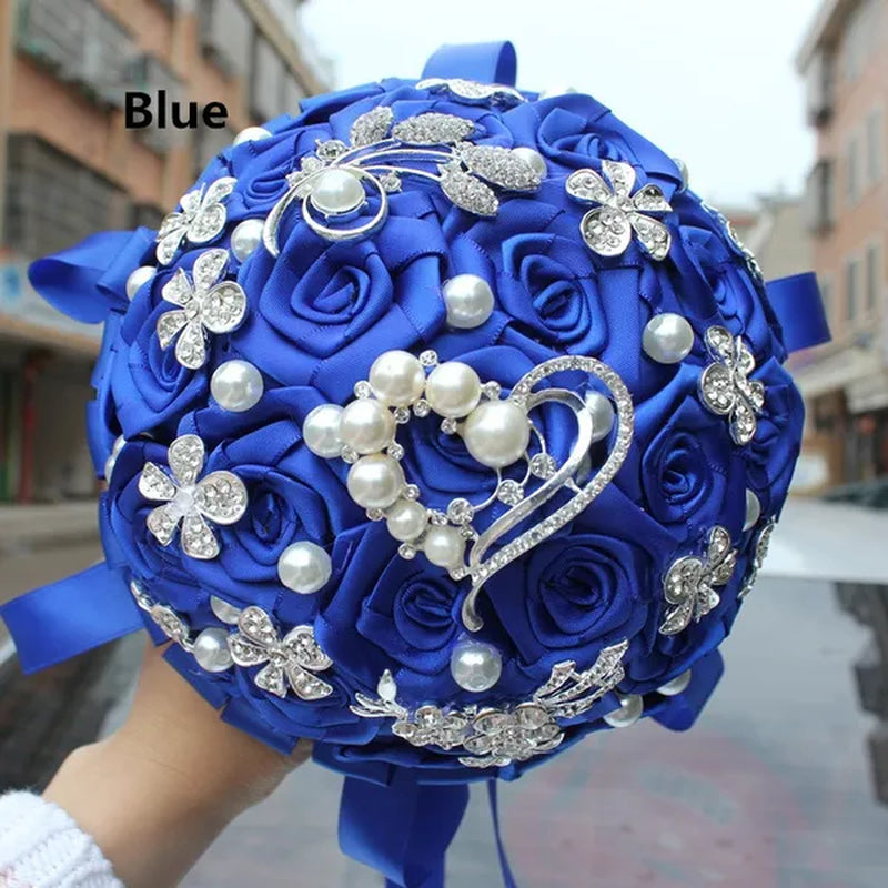 18CM Crystal Wedding Bouquets 100% Handmade Durable Holding Artificial Flowers Diamond Brooch Pearl Bridal Bouquets