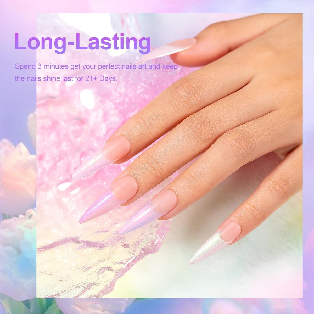 Pearl White Gel Nail Polish Set Iridescent Mermaid Shell Glitter Gel Polish 6 Light Colors Purple Blue Pink Red Gold Shimmer Multichrome Swirl Thread Effect Soak off LED UV Curing Requires